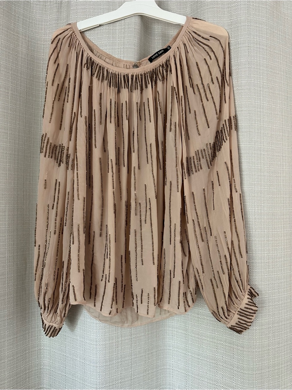 Anthropology Love Sam Beaded Tan Long-Sleeve Peasant Bogo Blouse Women